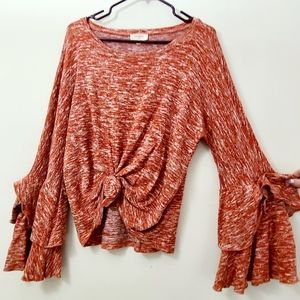 Umgee Tie Front Ruffled Sleeve Sweater Tunic Top Size M